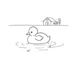 A simple black and white drawing of a cute duckling resting on a calm lake surface, with a small farm in the background