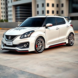 A fully modified Maruti Suzuki Baleno Alpha in a pristine white color, featuring sleek aerodynamic body kits and enhancements