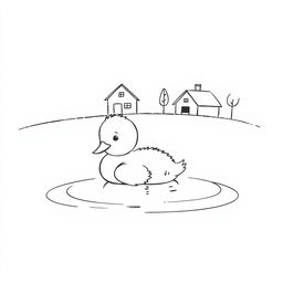 A simple black and white drawing of a cute duckling resting on a calm lake surface, with a small farm in the background