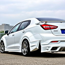 A fully modified Maruti Suzuki Baleno Alpha in a pristine white color, featuring sleek aerodynamic body kits and enhancements