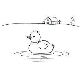 A simple black and white drawing of a cute duckling resting on a calm lake surface, with a small farm in the background