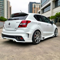A fully modified Maruti Suzuki Baleno Alpha in a pristine white color, featuring sleek aerodynamic body kits and enhancements