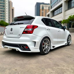 A fully modified Maruti Suzuki Baleno Alpha in a pristine white color, featuring sleek aerodynamic body kits and enhancements