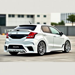 A fully modified Maruti Suzuki Baleno Alpha in a pristine white color, featuring sleek aerodynamic body kits and enhancements