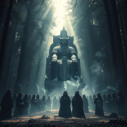 A captivating scene set in a mystical forest, where a ritual is taking place around a grand and imposing statue of the ancient god Moloch