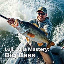 Design a dynamic thumbnail for a video, showing a fisherman in a grey sweatshirt catching a large bass from a boat that is dramatically splashing through the water