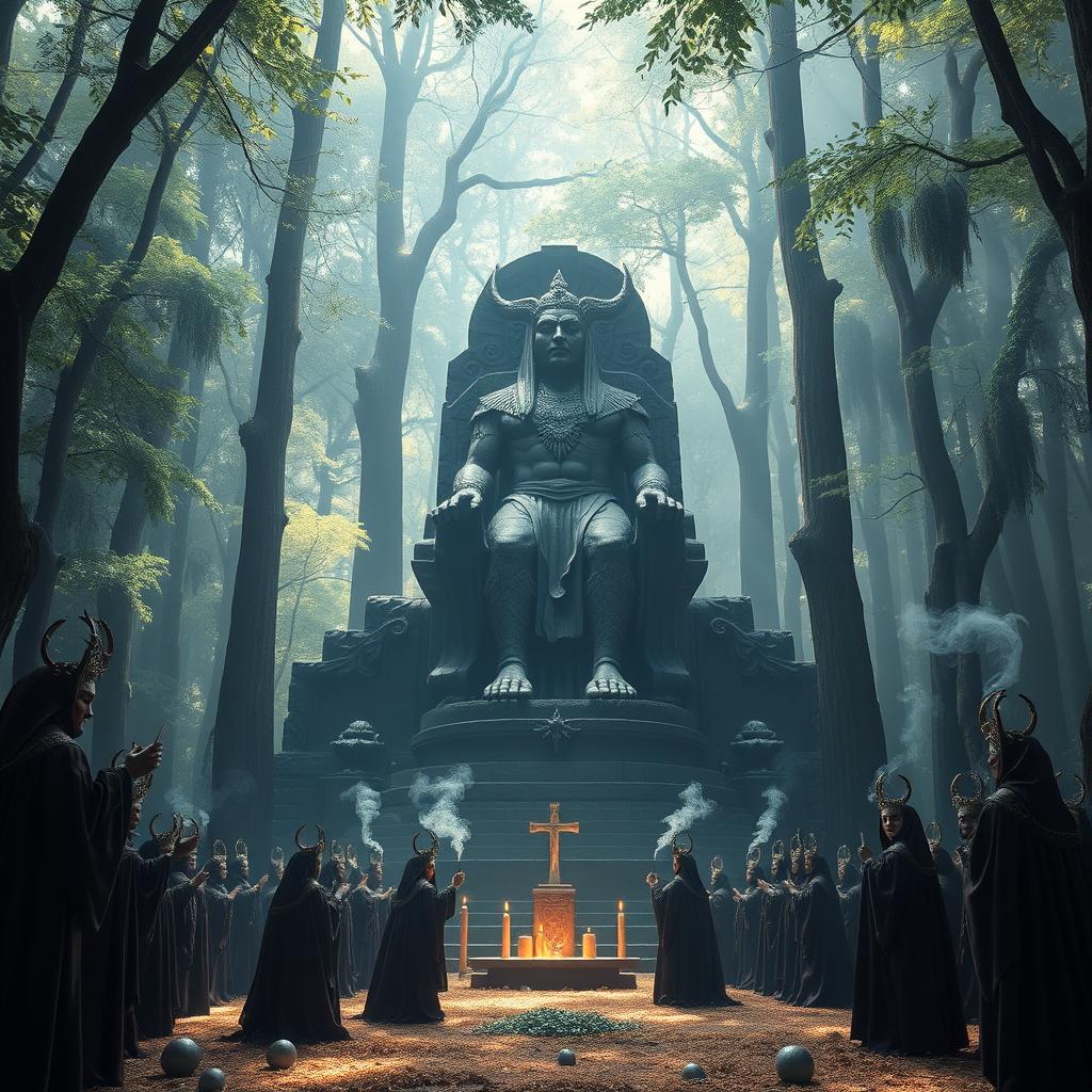 A captivating scene set in a mystical forest, where a ritual is taking place around a grand and imposing statue of the ancient god Moloch