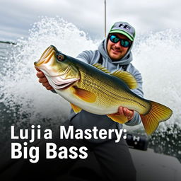 Design a dynamic thumbnail for a video, showing a fisherman in a grey sweatshirt catching a large bass from a boat that is dramatically splashing through the water