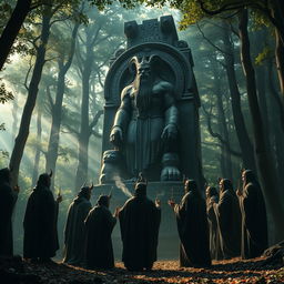 A captivating scene set in a mystical forest, where a ritual is taking place around a grand and imposing statue of the ancient god Moloch