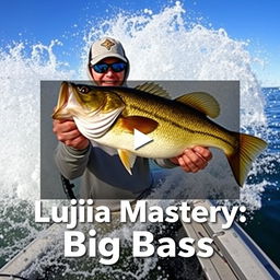 Design a dynamic thumbnail for a video, showing a fisherman in a grey sweatshirt catching a large bass from a boat that is dramatically splashing through the water