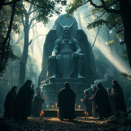 A captivating scene set in a mystical forest, where a ritual is taking place around a grand and imposing statue of the ancient god Moloch