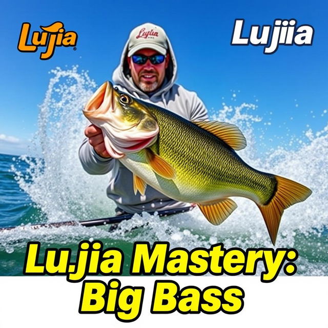 Design a dynamic thumbnail for a video, showing a fisherman in a grey sweatshirt catching a large bass from a boat that is dramatically splashing through the water