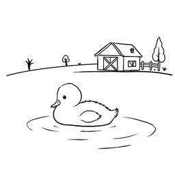 A simple black and white drawing of a cute duckling resting on a calm lake surface, with a small farm in the background