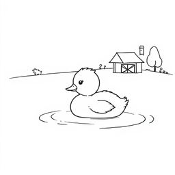 A simple black and white drawing of a cute duckling resting on a calm lake surface, with a small farm in the background