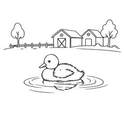 A simple black and white drawing of a cute duckling resting on a calm lake surface, with a small farm in the background