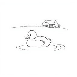 A simple black and white drawing of a cute duckling resting on a calm lake surface, with a small farm in the background