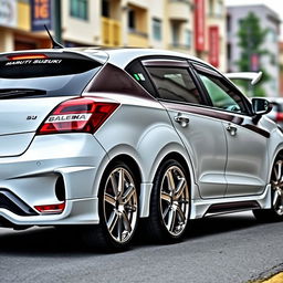 A fully modified Maruti Suzuki Baleno Alpha in a striking two-tone color scheme, with a pristine white as the base color complemented by a contrasting dark metallic shade on the roof and mirrors