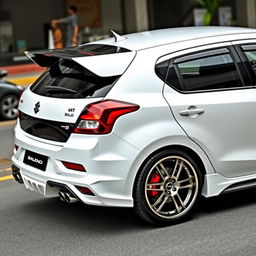 A fully modified Maruti Suzuki Baleno Alpha in a striking two-tone color scheme, with a pristine white as the base color complemented by a contrasting dark metallic shade on the roof and mirrors