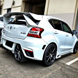 A fully modified Suzuki Baleno Alpha in sleek white color, featuring a wide wing spoiler at the rear for enhanced aerodynamics