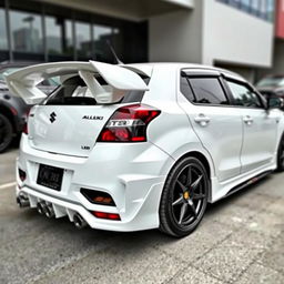 A fully modified Suzuki Baleno Alpha in sleek white color, featuring a wide wing spoiler at the rear for enhanced aerodynamics