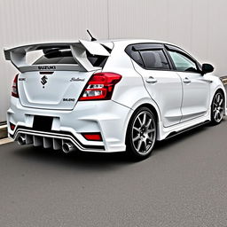 A fully modified Suzuki Baleno Alpha in sleek white color, featuring a wide wing spoiler at the rear for enhanced aerodynamics