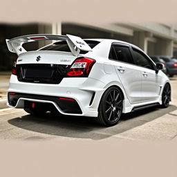 A fully modified Suzuki Baleno Alpha in sleek white color, featuring a wide wing spoiler at the rear for enhanced aerodynamics