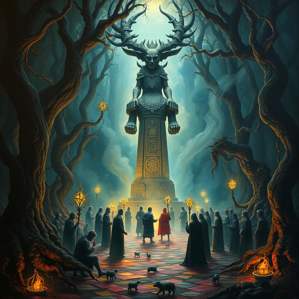 A captivating surrealist painting depicting a ritual in a dense forest, centered around a towering statue of the ancient god Moloch