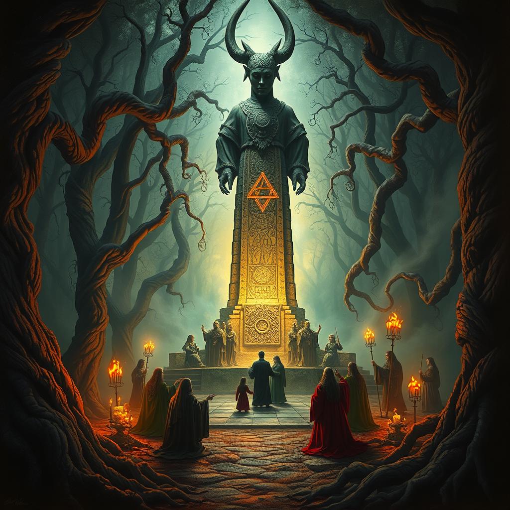 A captivating surrealist painting depicting a ritual in a dense forest, centered around a towering statue of the ancient god Moloch