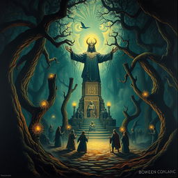 A captivating surrealist painting depicting a ritual in a dense forest, centered around a towering statue of the ancient god Moloch