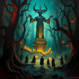 A captivating surrealist painting depicting a ritual in a dense forest, centered around a towering statue of the ancient god Moloch