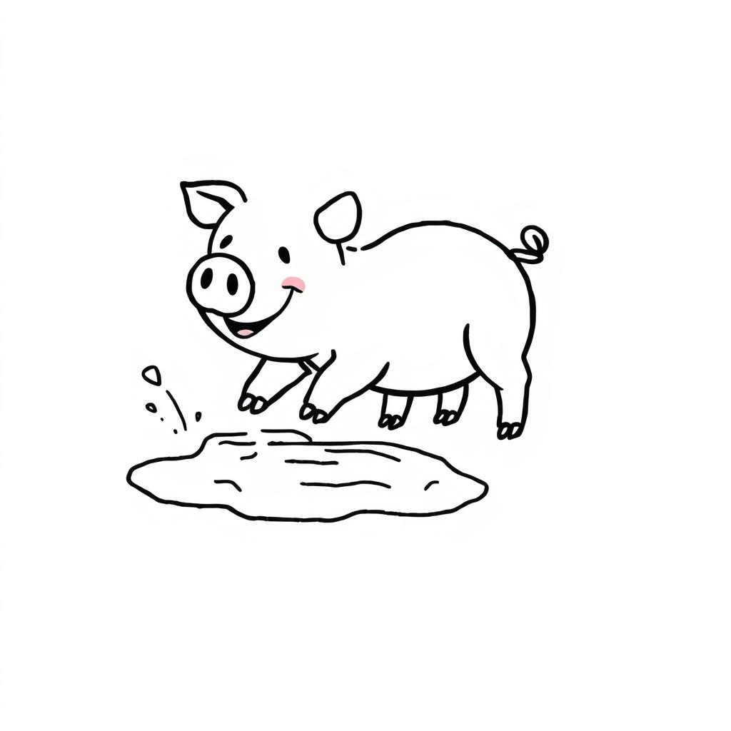 A simple black and white drawing of a pig joyfully discovering a puddle of mud