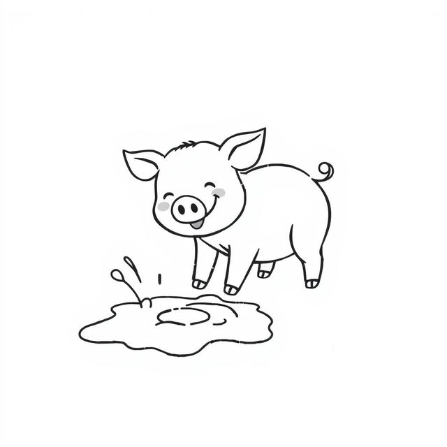 A simple black and white drawing of a pig joyfully discovering a puddle of mud