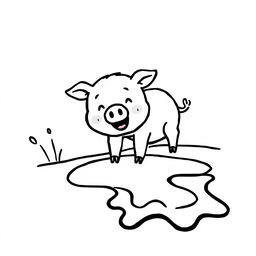 A simple black and white drawing of a pig joyfully discovering a puddle of mud