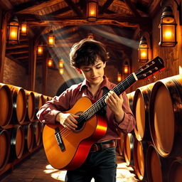 A vivid depiction of a gypsy flamenco guitarist boy playing his guitar in a traditional winery in Andalusia