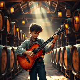 A vivid depiction of a gypsy flamenco guitarist boy playing his guitar in a traditional winery in Andalusia