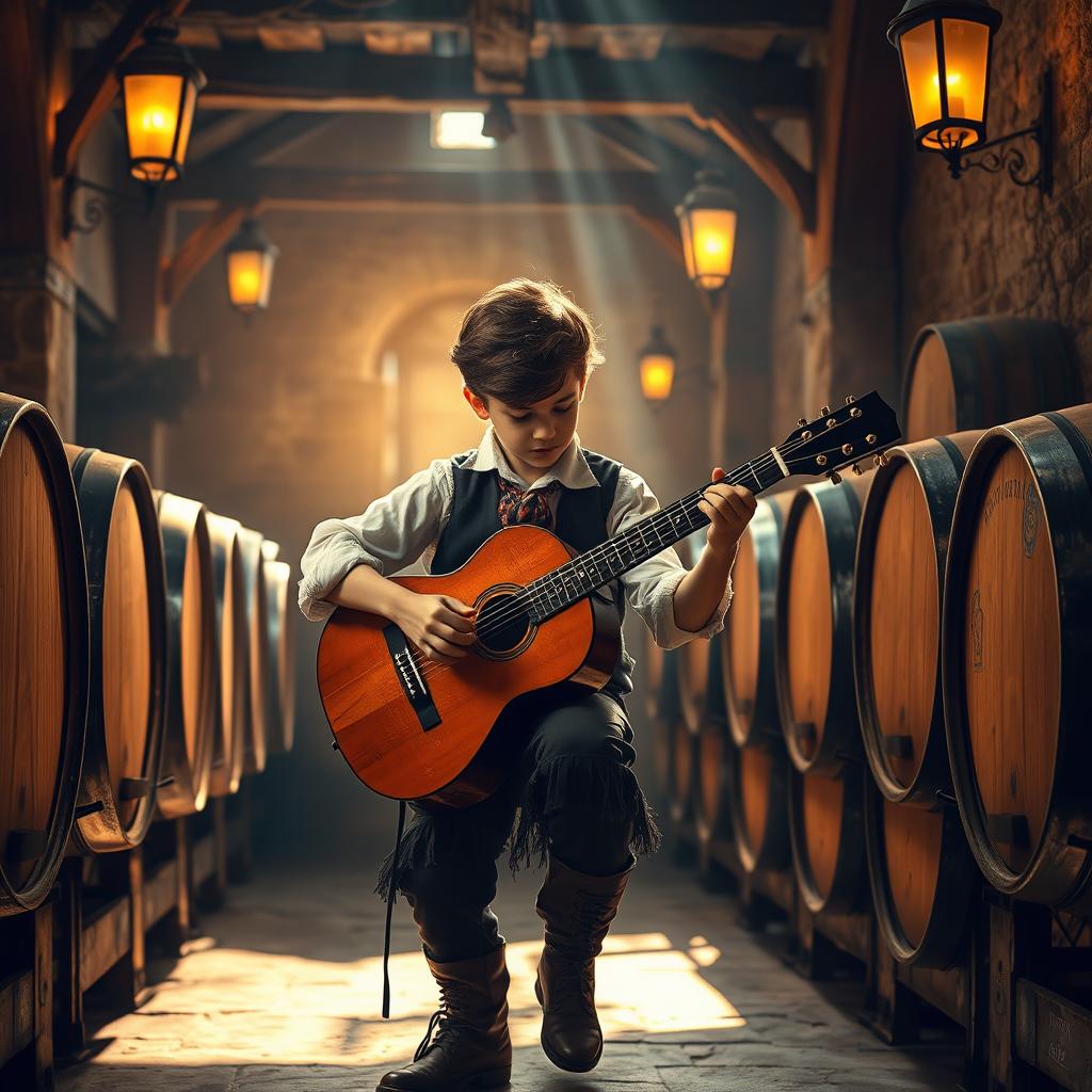 A vivid depiction of a gypsy flamenco guitarist boy playing his guitar in a traditional winery in Andalusia