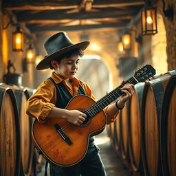 A vivid depiction of a gypsy flamenco guitarist boy playing his guitar in a traditional winery in Andalusia