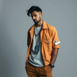 A man stands confidently, showcasing his unique style with an avant-garde twist