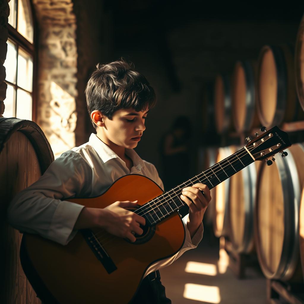 A realistic, high-contrast photo capturing a gypsy flamenco guitarist boy playing a classical Spanish guitar in a winery in Andalusia