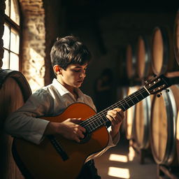 A realistic, high-contrast photo capturing a gypsy flamenco guitarist boy playing a classical Spanish guitar in a winery in Andalusia