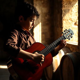 A realistic, high-contrast photo capturing a gypsy flamenco guitarist boy playing a classical Spanish guitar in a winery in Andalusia