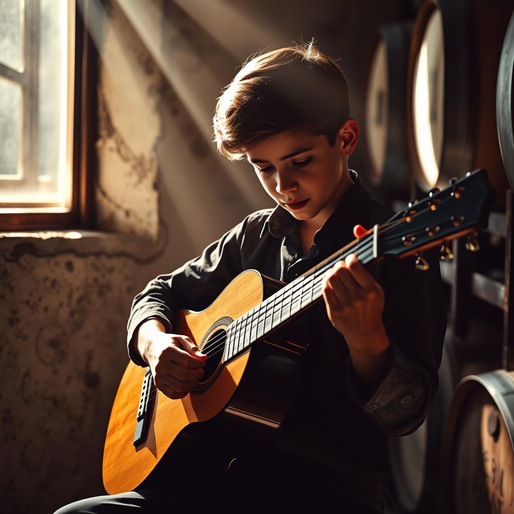 A realistic, high-contrast photo capturing a gypsy flamenco guitarist boy playing a classical Spanish guitar in a winery in Andalusia