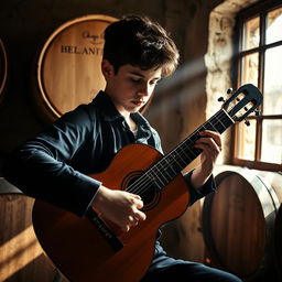 A realistic, high-contrast photo capturing a gypsy flamenco guitarist boy playing a classical Spanish guitar in a winery in Andalusia