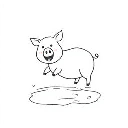 A simple black and white drawing of a pig encountering a mud puddle with an excited expression