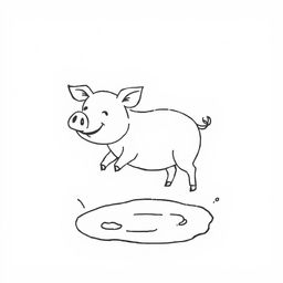 A simple black and white drawing of a pig encountering a mud puddle with an excited expression