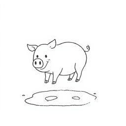 A simple black and white drawing of a pig encountering a mud puddle with an excited expression