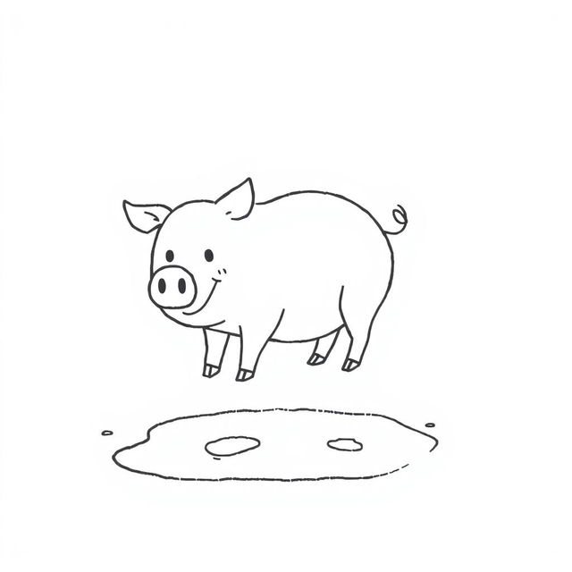 A simple black and white drawing of a pig encountering a mud puddle with an excited expression