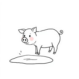 A simple black and white drawing of a pig encountering a mud puddle with an excited expression