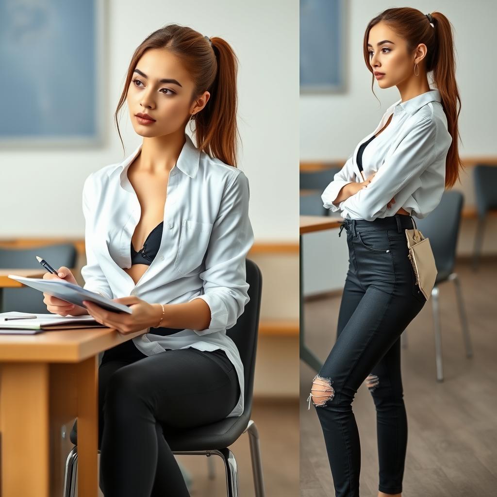 A young woman, embodying a modern and confident style, is seated in a classroom