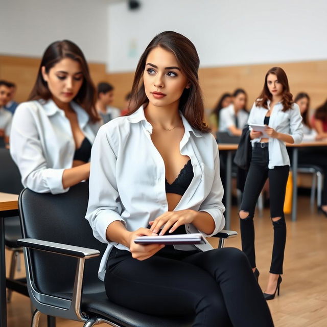 A young woman, embodying a modern and confident style, is seated in a classroom